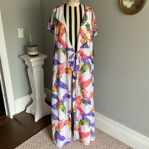 Eva Mendes white parrot tie front dress duster L